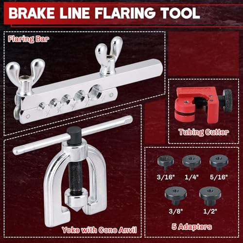 Brake Line Double & Single Flaring Tool Kit with Tubing Cutter | 45° Flare Tool Set with 5 Adapters for Copper, Aluminum & Brass Tubing, Brake Line Flaring Tool Kit