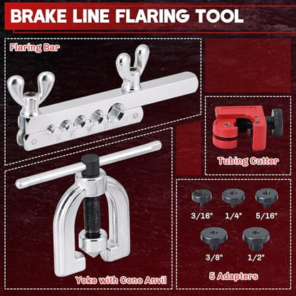 Brake Line Double & Single Flaring Tool Kit with Tubing Cutter | 45° Flare Tool Set with 5 Adapters for Copper, Aluminum & Brass Tubing, Brake Line Flaring Tool Kit