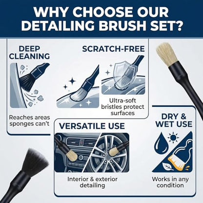 5 PCS Car Detailing Brush Set, Ultra-Soft Boar Hair Brushes for Interior & Exterior Cleaning, Multi-Use Duster for Air Vents, Wheels & Leather, Professional Car Wash Supplies