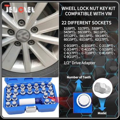 23PCS Wheel Locking Nut Key Kit Compatible with VW, Audi | Wheel Lock Nut Socket Adapter Set, Anti-Theft Lug Removal Tool, Anti-Theft Screw Remover, Repair Tool, Tyre Fitting, garage - color: 23pcs Kit