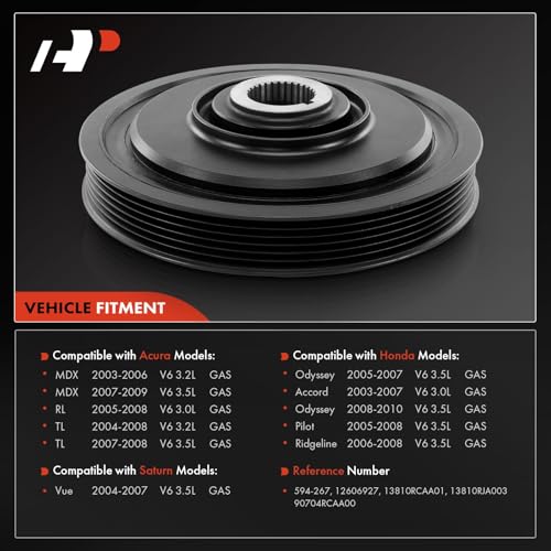 A-Premium Engine Harmonic Balancer Pulley - OHV V6 3.0 3.2 3.5L - Compatible with Honda, Acura & Saturn Cars - 2003-2010 - Odyssey, Accord, Pilot, Ridgeline, MDX, RL, TL, Vue & More, Replace# 12606927