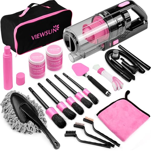 17pcs Car Cleaning Kit, Pink Car Interior Detailing Kit with High Power Handheld Vacuum, Detailing Brush Set, Windshield Cleaner, Cleaning Gel, Complete Auto Accessories for Women Gift - color: Pink, size: 17PCS