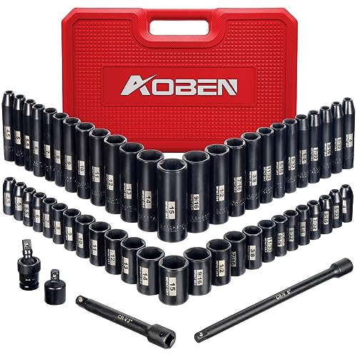 AOBEN 1/4-Inch Drive Impact Socket Set, 54 Pieces, 6 Point, SAE/Metric, (5/32" - 9/16" ，4mm -15mm)，Deep/Shallow, Cr-V Steel, Includes Extension bars and Socket Adapter - size: 1/4-Inch 54PCS