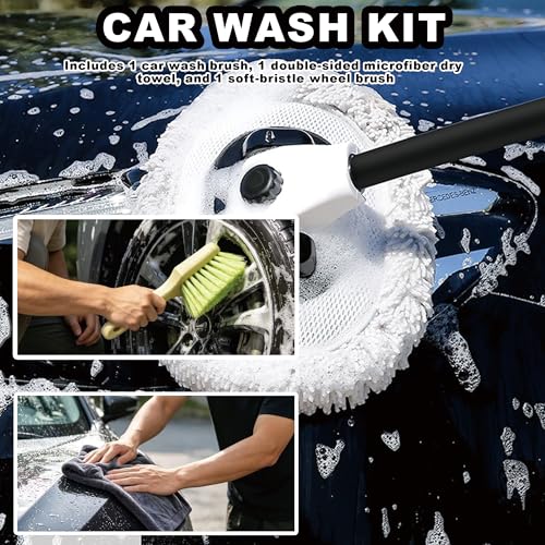 Car Wash Mop with Long Handle 15° Curved Extension Microfiber Scratch-Free Car Wash Brush with 1300GSM Thickened Drying Towel & Soft Bristle Tire Brush Complete Car Wash Kit (White & Grey) - color: White & Grey