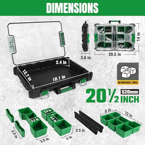 SK 20.5-Inch Small Part Organizer, Stackable Tools Box Organizer with 15 Compartments and Removable Dividers, Transparent Lid, Waterproof & Impact-Resistant Design, for Small Tools and Accessories - size: 20.5-Inch Small Part Organizer