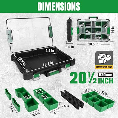 SK 20.5-Inch Small Part Organizer, Stackable Tools Box Organizer with 15 Compartments and Removable Dividers, Transparent Lid, Waterproof & Impact-Resistant Design, for Small Tools and Accessories - size: 20.5-Inch Small Part Organizer