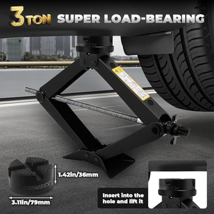 3-Ton/6613lbs Universal Scissor Jack kit with Rubber Cross Slot Jack pad, Car Spare Tire Repair Tools, Tire Changing Tools Kit with L-Wrenches（17/19/21/23mm）