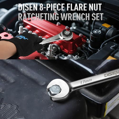 DISEN 8PCS Flare Nut Wrench Set Brake Line Ratcheting Wrench Set | Metric 8-17mm, CR-V Steel with Organizer Pouch, Father's Gift - style: 10PCS Flare Nut Ratcheting Wrench Set