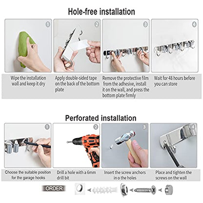 Broom and Mop Holder Wall Mounted, Broom Hanger Storage Rack, Stainless Steel Mop Hanger, Dustpan Holders with 2 Racks and 3 Hooks, Heavy Duty utility hooks for hanging brooms and mops
