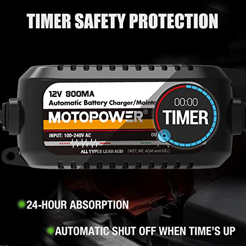 MOTOPOWER MP00205C 12V 800mA Automatic Battery Charger Maintainer - 2 Pack | Functions as a charger, maintainer, trickle charger and desulfator