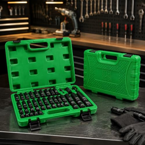 43‑Pc 3/8″ Impact Socket Set – SAE & Metric (5/16–3/4″, 8–19 mm), 6‑Point Deep & Shallow Sockets, Chrome‑Moly Steel, Includes Adapter, Extension, Universal Joint – Black Phosphate, Laser‑Etched - size: 3/8"_SAE&Metric_43pc