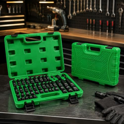 43‑Pc 3/8″ Impact Socket Set – SAE & Metric (5/16–3/4″, 8–19 mm), 6‑Point Deep & Shallow Sockets, Chrome‑Moly Steel, Includes Adapter, Extension, Universal Joint – Black Phosphate, Laser‑Etched - size: 3/8"_SAE&Metric_43pc
