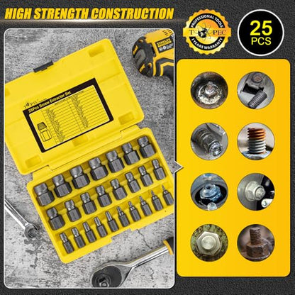 Topec 25Pcs-Double Head Screw Extractor Set 3/8” Drive 2-in-1 | Newest Version Functional Easy Out Bolt Extractor Set, Premium CR-MO Steel Rounded Bolt Remover - color: 25-piece 3/8'' Drive