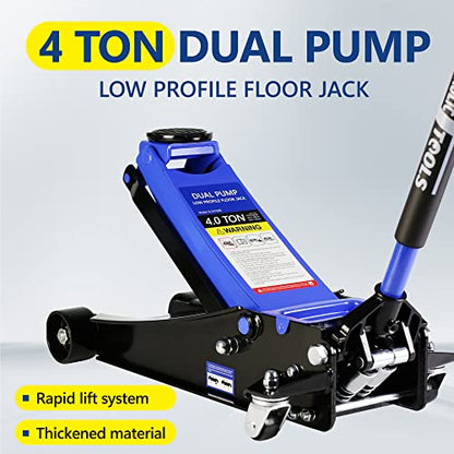 4T Low Profile Steel Floor Jack, 8000 lb, Dual Pump, 4"-21" Lift | Heavy-duty steel, dual-piston quick lift, low profile, 4"-21" range, overload safety protection. - size: 4T Dual Pump 4"-21"
