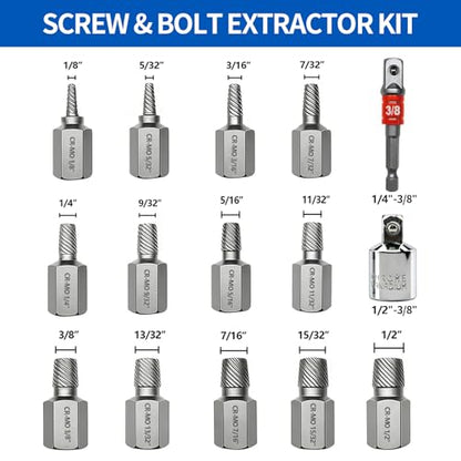 Greywolf 15 pcs Screw Extractor Set with 3/8 Inch Drive, Hex Head Multi-Spline Screw Easy Extraction Bolt Extractor Kit, Broken Bolt Extractor for Removing Broken, Rusted Bolts and Screws - size: 15