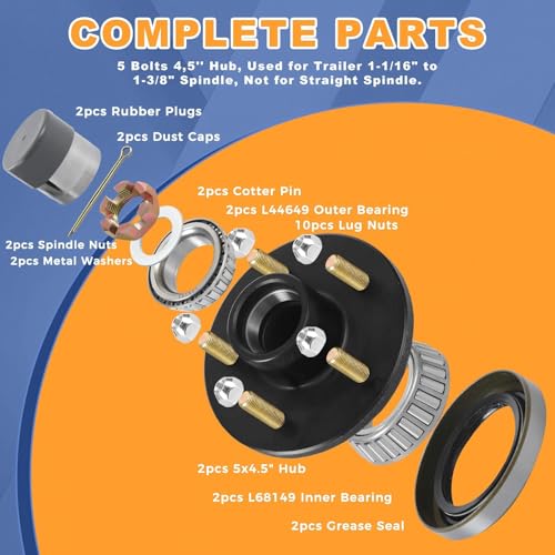 2-Pack 5 Lug Trailer Idler Hub Assembly with Bearing Protectors for 3500 lbs Axle, 5x4.5 Bolt Pattern, Complete Kit with Bearings, Seal, Dust Cap, Studs, Nuts and Bearing Protectors - color: Black-26