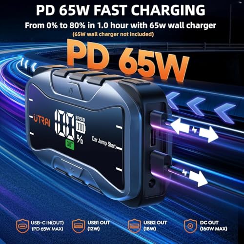 UTRAI 8000A Portable Jump Starter for Car, 12V Jump Box for Car Battery, All Gas & 12L Diesel Engines, 27000mAh Jump Pack with 65W USB-C Fast Charging, 2 USB & DC Output, 600LM LED Flashlight - color: Black