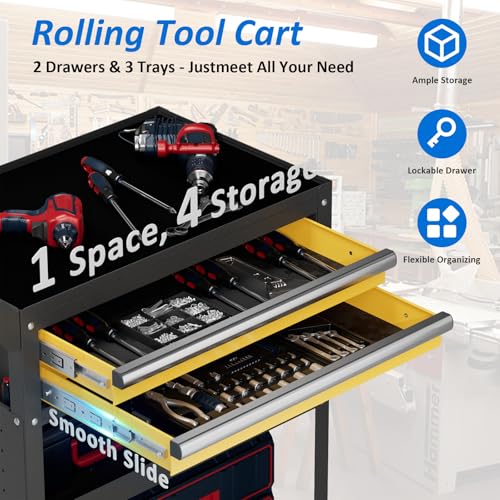 5-Tier Heavy Duty Tool Cart, 400 lbs Capacity Steel Rolling Cart with 2 Lockable Drawers and Pegboard for Garage Workshop Mechanic - size: 5-LAYER (TWO DRAWERS)