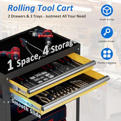 5-Tier Heavy Duty Tool Cart, 400 lbs Capacity Steel Rolling Cart with 2 Lockable Drawers and Pegboard for Garage Workshop Mechanic - size: 5-LAYER (TWO DRAWERS)