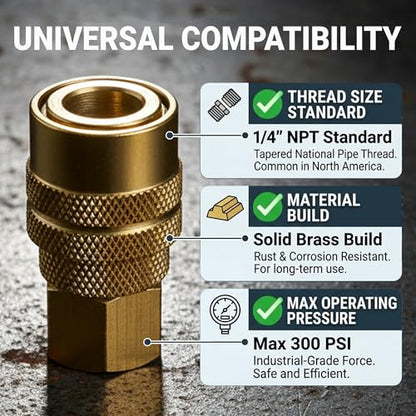LE LEMATEC Air Compressor Hose Fittings Kit, 1/4 NPT | Solid Brass, 15-Piece, 3 Male 3 Female Plugs, 5 Dual Couplers, Teflon Tape, Leak-Proof, Pneumatic Tools, Storage Case