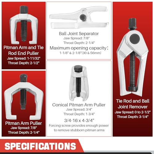 DASBET 5PCS Ball Joint Separator Front End Service Tool Kit | 5-in-1 Pitman Arm Puller Tie Rod End Removal Tool Set for Front End Service Splitter Removal Kit - color: Red
