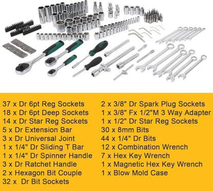 216 Piece Mechanics Tool Socket Set, Comprehensive Auto Repair Tool Kit with Ratchet Wrenches, Combination Wrenches, Screwdriver Bits, Storage Blow Mold Case for Car Motorcycle Household Maintenance