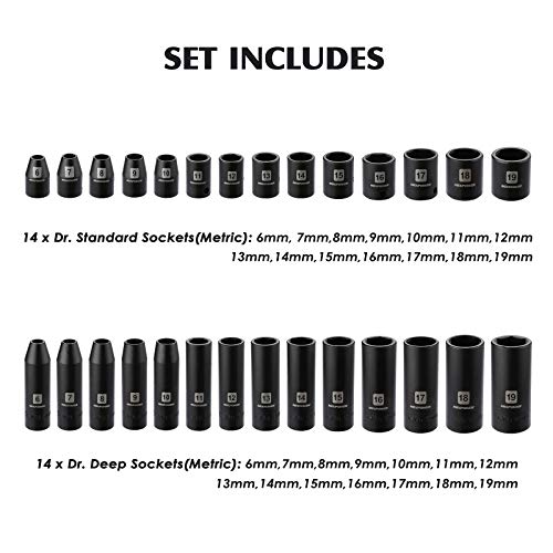MIXPOWER 3/8'' Drive Master Impact Socket Set, 87-Piece Deep & Standard SAE and Metric,CR-MO, 1/4-Inch to 3/4-Inch and 6-19 mm, Impact Universal Sockets, Inverted Star Sockets, Extension Bar & Adapter - size: 3/8" Drive