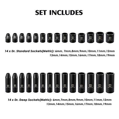 MIXPOWER 3/8'' Drive Master Impact Socket Set, 87-Piece Deep & Standard SAE and Metric,CR-MO, 1/4-Inch to 3/4-Inch and 6-19 mm, Impact Universal Sockets, Inverted Star Sockets, Extension Bar & Adapter - size: 3/8" Drive