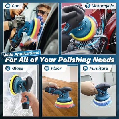 Saker Mini Cordless Buffer Polisher - 6 Inch Portable Polishing Machine Kit for Car Detailing, with 1PC 12V 2000mAh Rechargeable Battery, extra 10 PCS Attachments - style: BUFFER POLISHER FOR CAR DETAILING+ 1 BATTERY