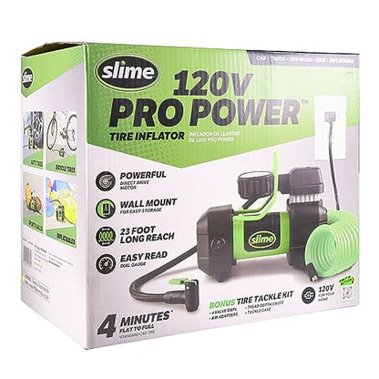 Slime 40045 Home Tire Inflator, Wall Mounted 120V, SUV, 4x4 Air Compressor, Heavy Duty, 2X Pro Power, with Analog 100 psi Dial Gauge, Long Hose and LED Light, 4 min Inflation - style: Pro Power, Wall Mounted