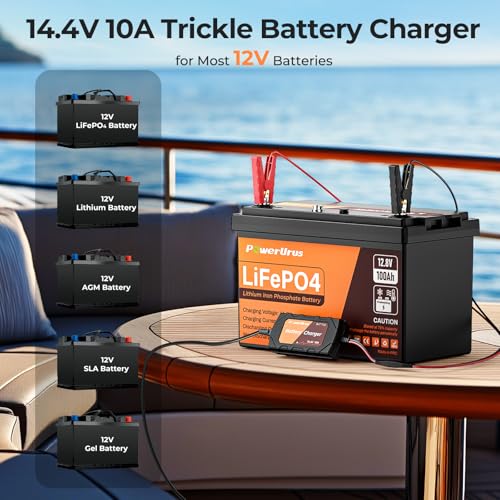 12V 10A Lithium Battery Charger, PowerUrus 12V 10A LiFePO4 Battery Charger, Samrt 12V Lithium Battery Chargers, 10A Trickle Battery Chargers, 12v Battery Maintainer for Deep Cycle Battery of Boat, RV