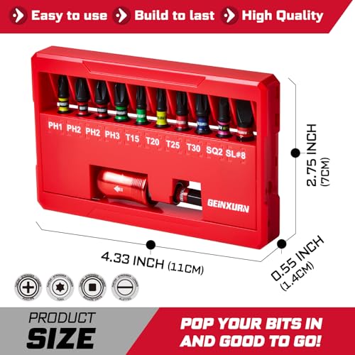Geinxurn 11Pieces Impact Screwdriver Bits Set, Magnetic S2 Steel 1” Phillips/Square/Torx/Slotted Insert Bits Tips,Impact Bit Holder with Rotating Storage Box Case - style: 11pcs-A