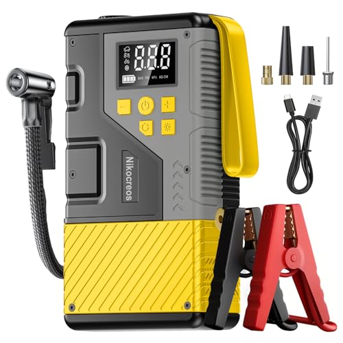 Portable Car Jump Starter with Air Compressor Tire Inflator Battery Jumper | Jump Box 3000A Peak and 150 PSI Air Pump ,for 12L Gas & 10L Diesel Engines,LCD Display,LED Light - color: Yellow
