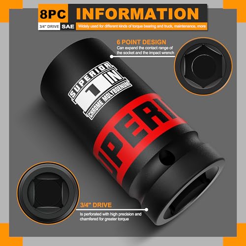 8 Piece 3/4" Drive Impact Socket Set, 1" - 1-1/2" Axle Nut Socket, SAE, 6-Point, Heavy Duty CR-MO, Large Automotive Repairs, Agricultural implement - size: 3/4" Axle SAE