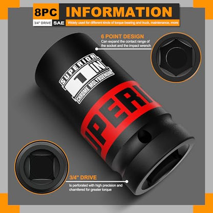 8 Piece 3/4" Drive Impact Socket Set, 1" - 1-1/2" Axle Nut Socket, SAE, 6-Point, Heavy Duty CR-MO, Large Automotive Repairs, Agricultural implement - size: 3/4" Axle SAE