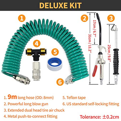 iBroPrat Air Blow Gun Kit,Heavy Duty Air Seat Blow Gun Kit for Semi Truck Air Hose with 30FT Long Coil and Extended Dual Head Tire Air Chuck Green - color: Green