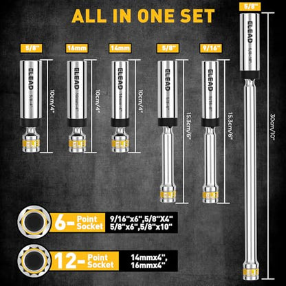 ELEAD 8-Piece 3/8" Drive Magnetic Swivel Spark Plug Socket Set, 5/8", 9/16", 14mm, 16mm, Include Ratchet Handle & Spark Plug Gapper, 6 & 12 Point CR-V Spark Plug Removal Tool - size: 8-Piece Magnetic Swivel Spark Plug Socket Set