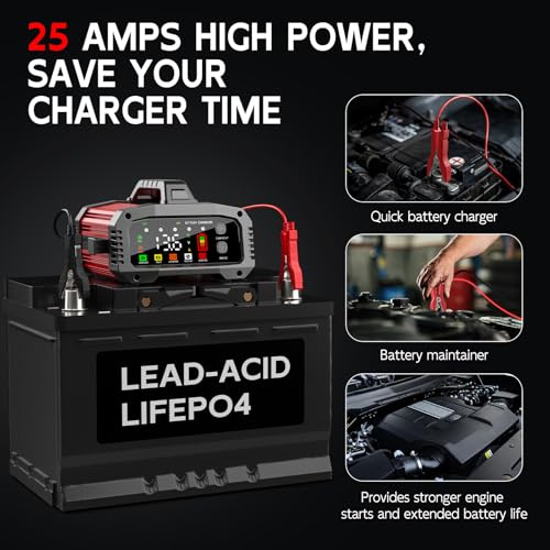 Battery Charger 25A Smart Trickle Charger Maintainer 12V/24V LiFePO4 | Car battery charger Lead Acid Compatible with Temperature Compensation for Car Truck Motorcycle Lawn Mower Boat