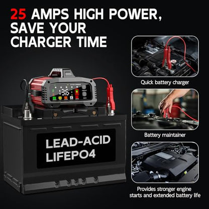 Battery Charger 25A Smart Trickle Charger Maintainer 12V/24V LiFePO4 | Car battery charger Lead Acid Compatible with Temperature Compensation for Car Truck Motorcycle Lawn Mower Boat