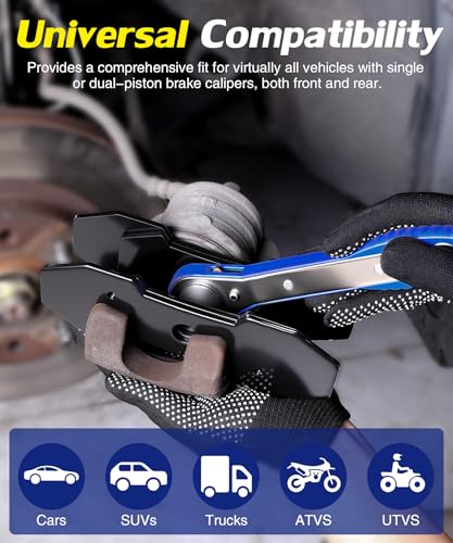 Brake Caliper Compression Tool,360° Swing Ratchet Switch With Additional 2 pcs Large Steel Plate and 2 Hooks&Nylon Grip Work Gloves for Single/Twin/Quad Piston,Disc Brake Repair/Car,Truck,SUV(Blue)