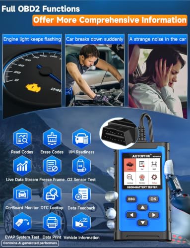AUTOPHIX 2 IN 1 OBD2 Scanner with Battery Tester, BAS300 Plus 12V 100-2000 CCA Battery Charging Cranking Test Car Code Reader, Full OBD2 Diagnosis Check Engine Diagnostic Scan Tool Battery Load Tester - color: Lake Blue