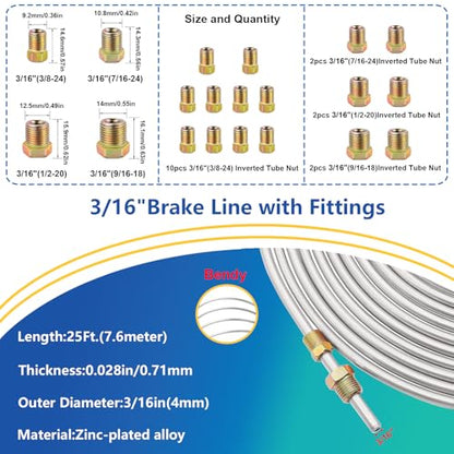 smseace 55Pack 3/16 Inch+3/16 Inch Brake line kit Include 25 FT Zinc-Plated Brake Lines with Fitting(32pcs Fittings,4pcs Union+8pcs Nut) Brake line Bender,Single Flare Tool,Cutter Brake line kit - color: Silver-A, size: 3/16inch+3/16inch