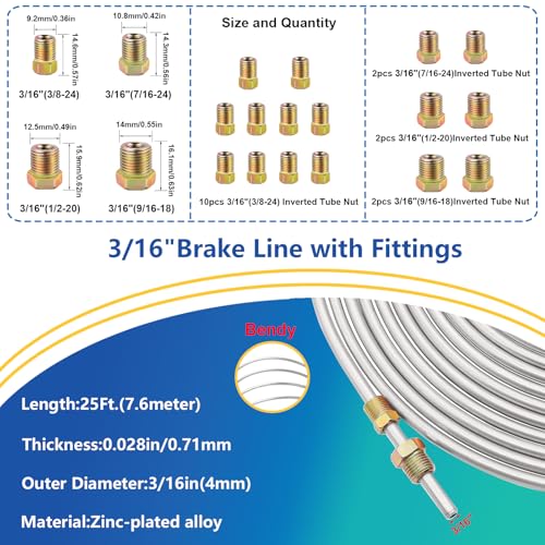 smseace 55Pack 3/16 Inch+1/4 Inch Brake line kit include 25 FT Zinc-plated brake lines with fitting(32pcs Fittings,4pcs Union+8pcs Nut) brake line bender,Single flare tool,cutter Brake line kit - color: Silver-A, size: 3/16inch+1/4inch