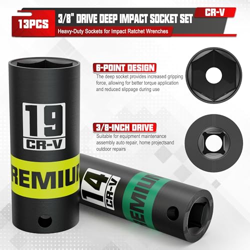13-Piece 3/8" Drive Deep Impact Socket Set, 7-19mm, CR-V, 6 Point, Heavy-Duty Sockets for Impact Wrenches, Automotive and Home - size: 3/8" 13pcs Metric Deep