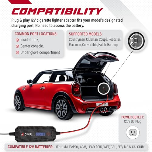 JMR 12V Battery Charger for Mini Cooper, 12V Cig. Port, Add Lithium Mode | Trickle Charger Conditioner Maintainer For Countryman Clubman Coupé Roadster Paceman Convertible Hatch Hardtop All Models - size: Add Lithium Mode