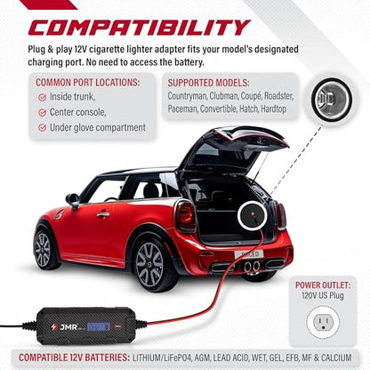 JMR 12V Battery Charger for Mini Cooper, 12V Cig. Port, Add Lithium Mode | Trickle Charger Conditioner Maintainer For Countryman Clubman Coupé Roadster Paceman Convertible Hatch Hardtop All Models - size: Add Lithium Mode