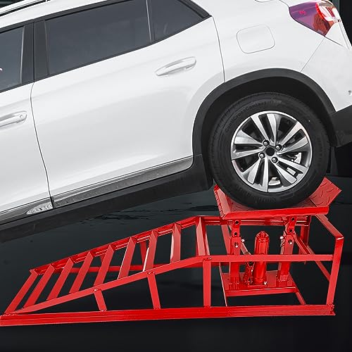 2-Pack 5 Ton Low Profile Hydraulic Car Ramps with Built-in Jack, Adjustable Vehicle Lift Service Ramps, 9.8" to 15" Height Range, Heavy Duty Steel Ramps for Oil Changes, SUVs & Light Trucks - color: Red