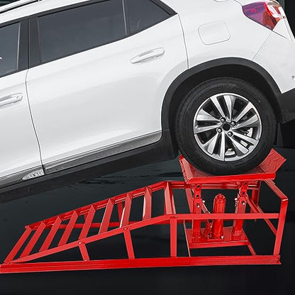 2-Pack 5 Ton Low Profile Hydraulic Car Ramps with Built-in Jack, Adjustable Vehicle Lift Service Ramps, 9.8" to 15" Height Range, Heavy Duty Steel Ramps for Oil Changes, SUVs & Light Trucks - color: Red