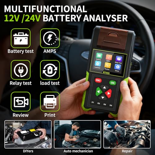 BT500 12V 24V Automotive Battery Tester with Printer - 20-2000 CCA Load Tester, Alternator/Relay/Leakage Tester for Car & Heavy Duty Truck