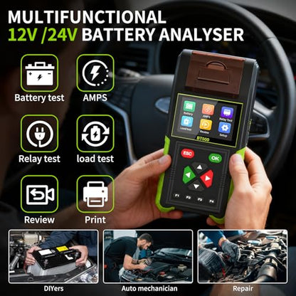 BT500 12V 24V Automotive Battery Tester with Printer - 20-2000 CCA Load Tester, Alternator/Relay/Leakage Tester for Car & Heavy Duty Truck